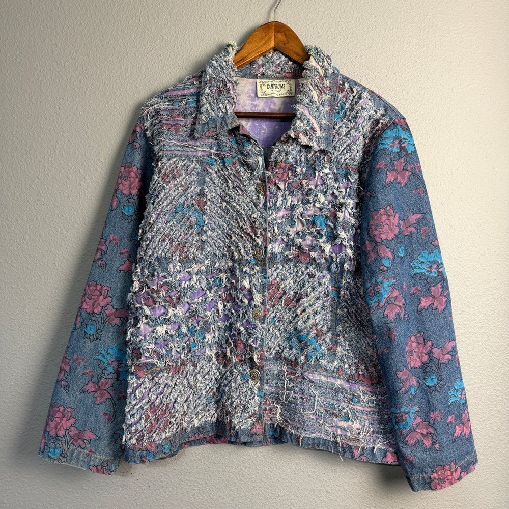 Tantrums‎ Denim Floral Patchwork Cottagecore Embellished Fringe Distressed XL